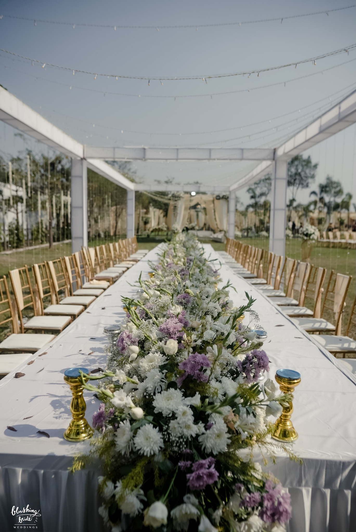 Aisle lined with white chairs before the ceremony