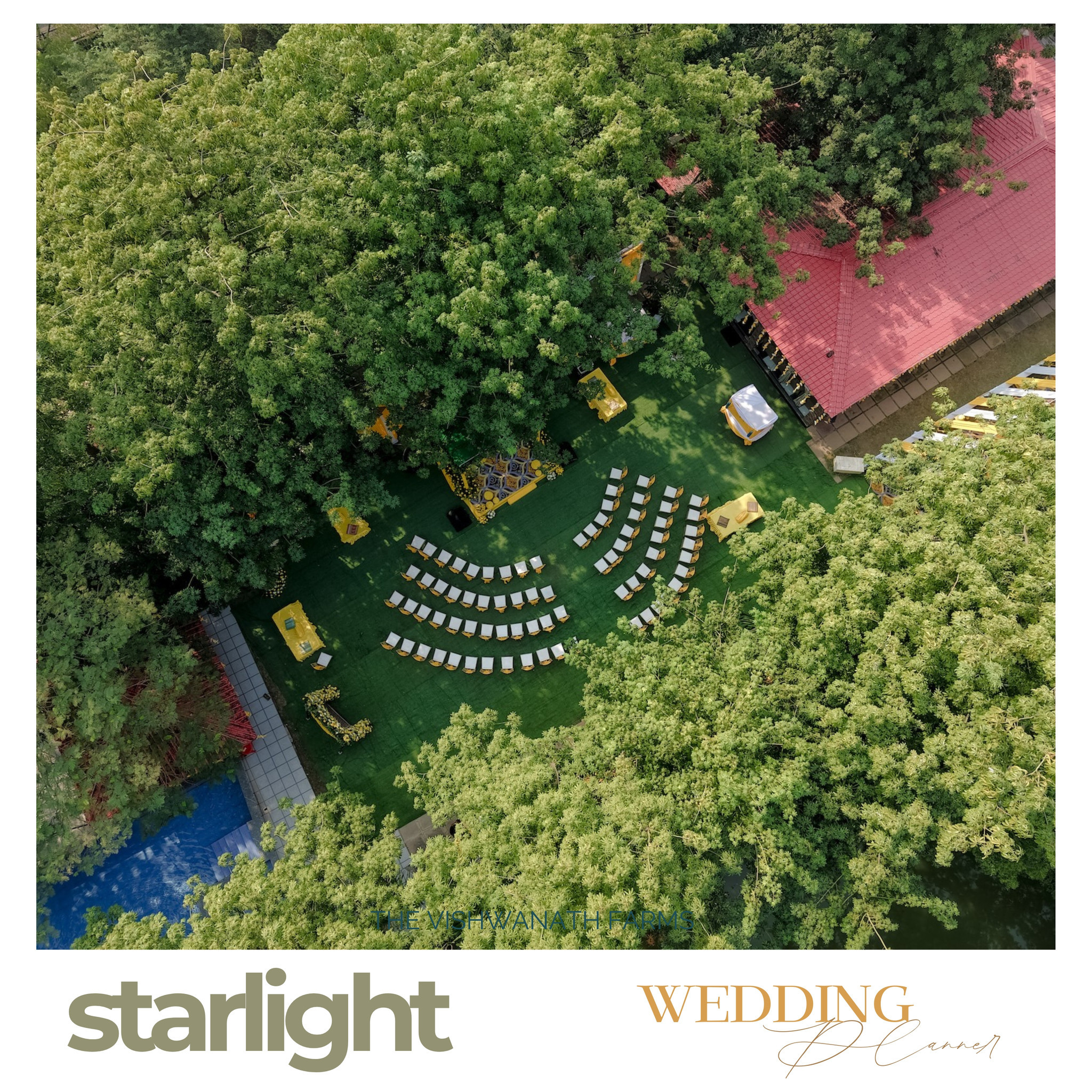 Aerial view of a lawn ceremony set among the trees