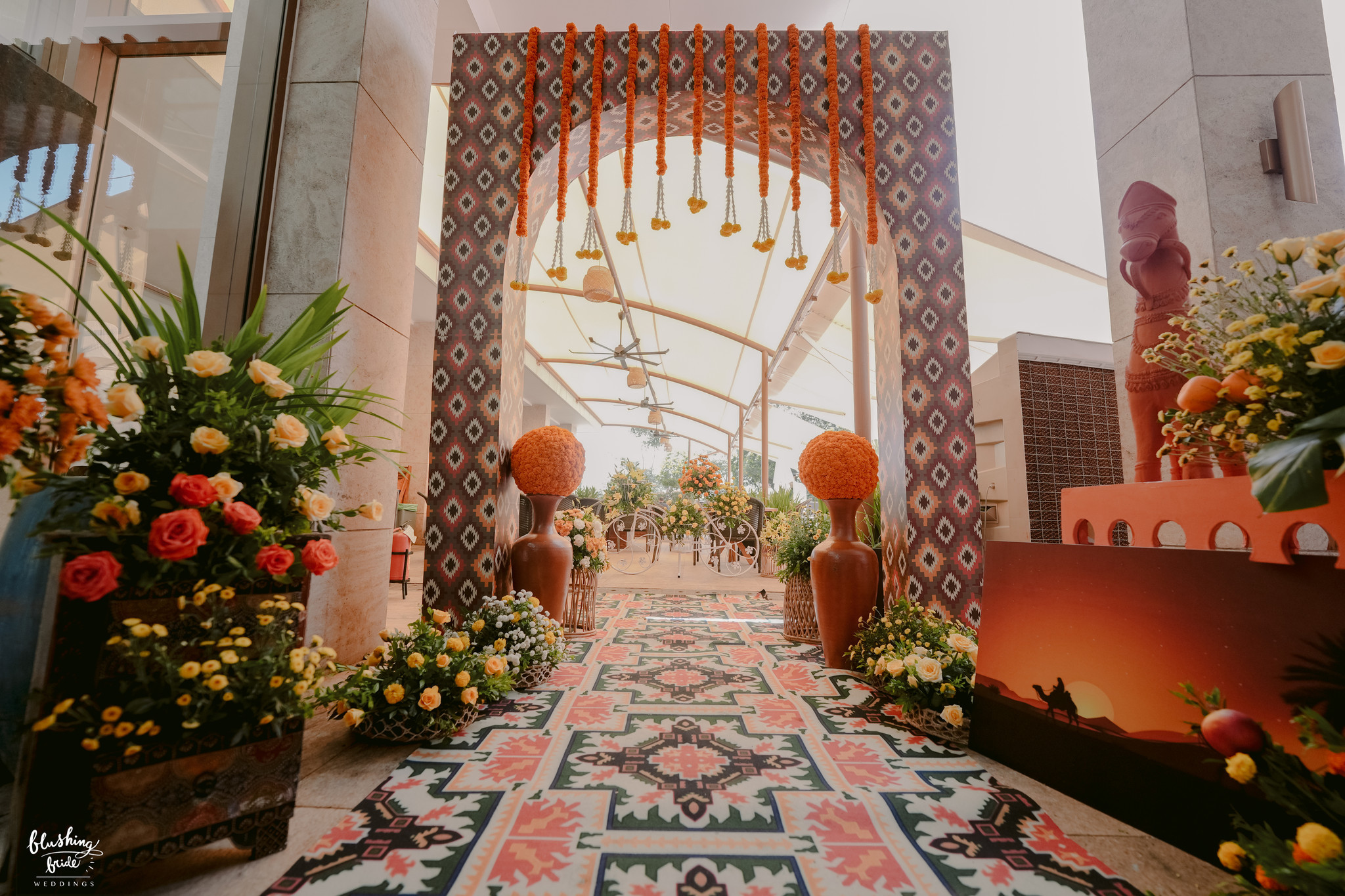 Marigold-lined entrance corridor