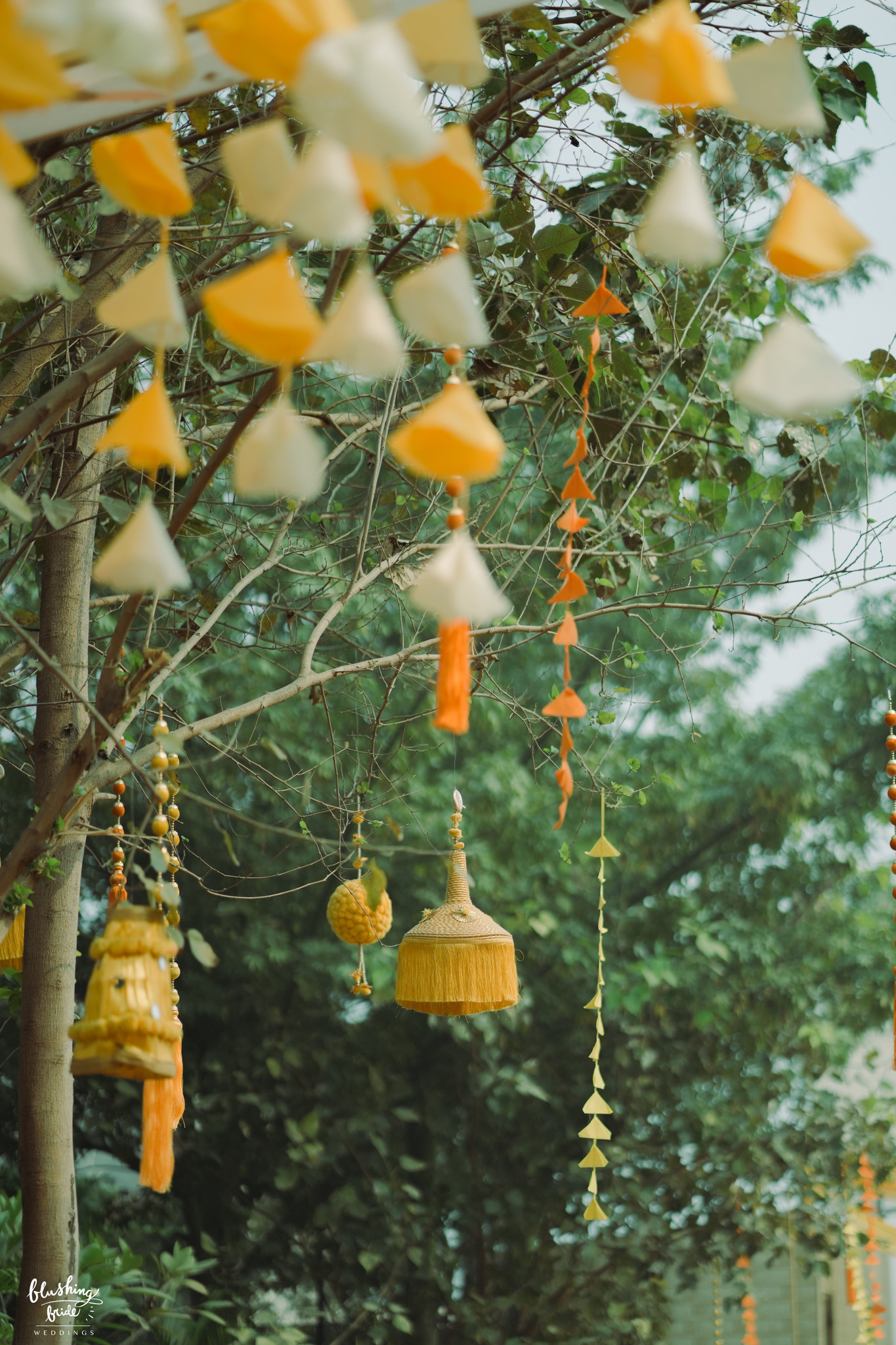 Yellow and orange tassels hanging from the trees